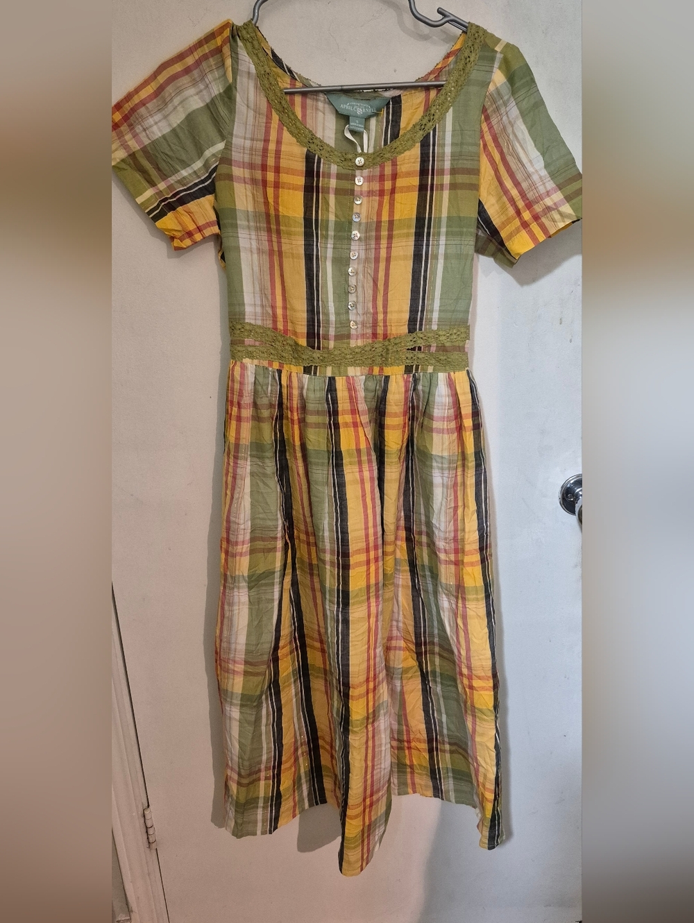 April Cornell Yellow and Green Plaid Button-Front Dress SZ.S NWT